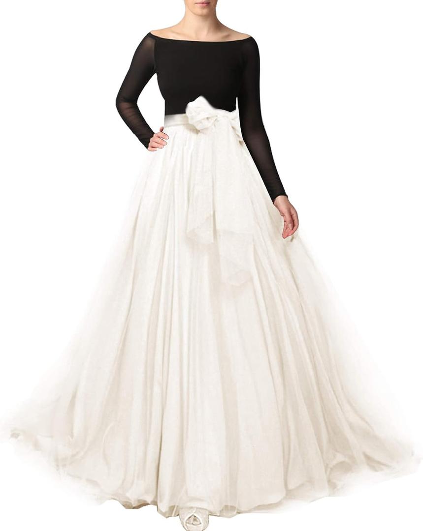 Women Maxi Long Tulle Skirt Floor Length with Bowknot High Waisted for Wedding Party Dress (White, M)