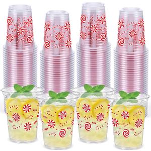 Honeydak 50 Pcs Christmas Cups 12 oz Christmas Candy Cane Plastic Cups Clear Winter Disposable Glasses Xmas Theme Drinking Glasses for Home Xmas Winter Holiday Party Favors Kitchen Supplies Decoration