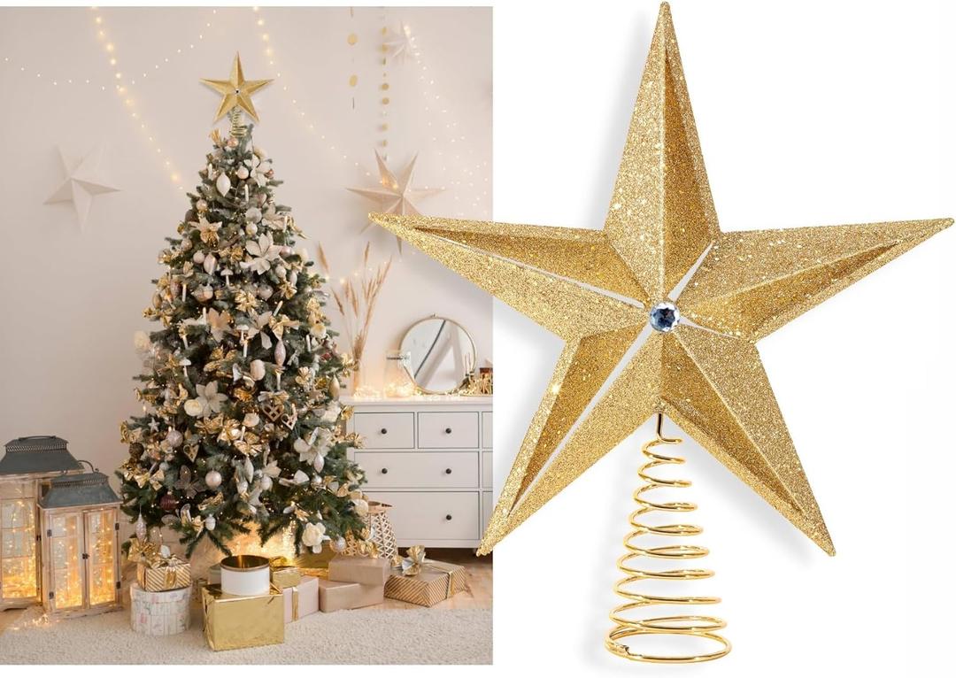 Christmas Traditions 10 inch Large Filigree Gold Glittered Christmas Star Tree Topper Star for Large Tree 6 feet-8 feet Tall/Home Decor Ornaments (Gold)