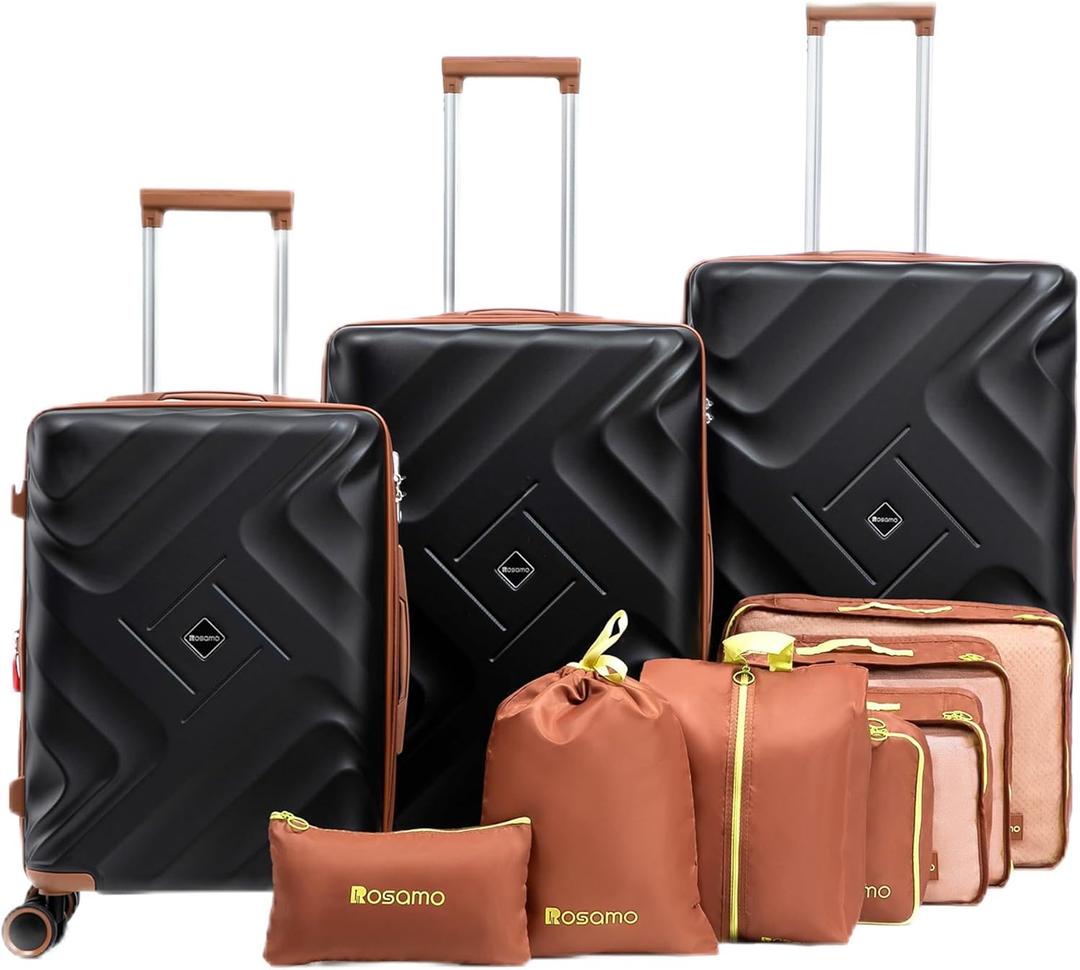 10 piece Luggage Set Expandable Suitcase 22x14x9 Airline Approved Carry on, ABS Hard Case Suitcases with Spinner Wheels, TSA Lock (Black)