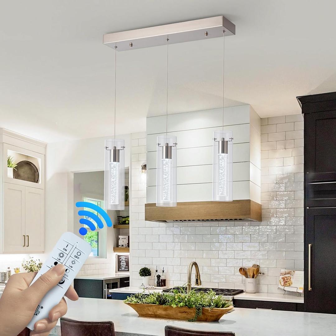 Pendant Lights Kitchen Island with Remote Control, Dimmable Brushed Nickel & Clear Cylinder, Adjustable Height Kitchen Pendant Lights, Island Lights for Kitchen, Modern Lighting Fixture, 3Z-Light