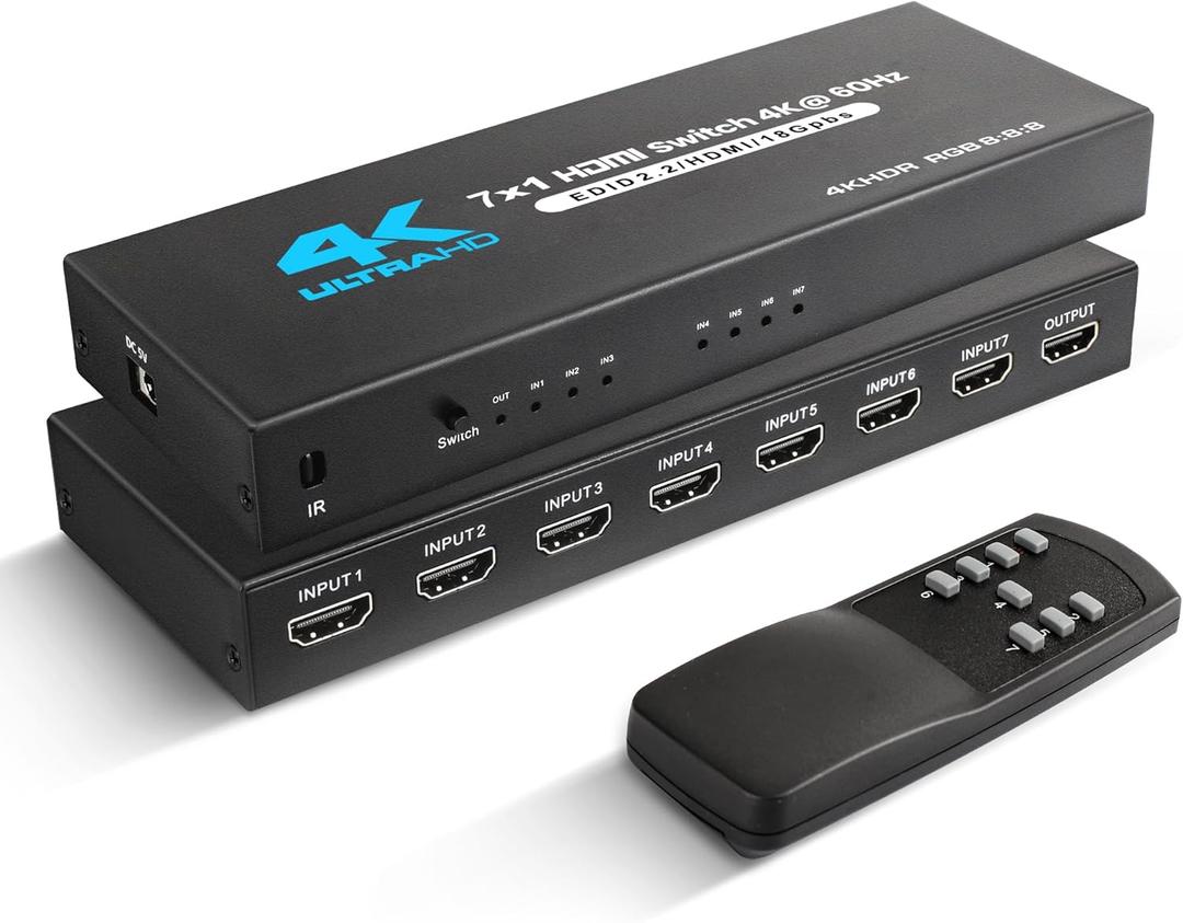 NEWCARE HDMI Switch 7 in 1 Out 4K@60Hz, HDMI Switcher with IR Remote, HDMI Selector Box Support HDMI2.0, Dolby Vision/Atmos, HDR10 for Xbox, Switch, PS5/4, Roku, Fire Stick