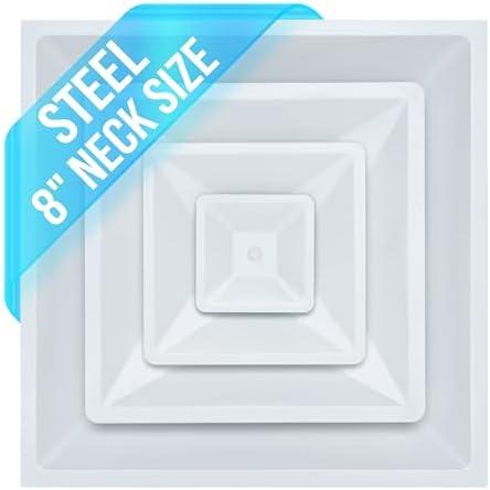 Fits 24x24 Steel T-Bar Drop Ceiling Grid | 2x2 Feet Lay in Steel Air Supply Diffuser with Round 8" [Neck Size] by Handua | 3 Cone | Drop Celing Vent | White | Outer Dimension: 23-3/4" x 23-3/4"