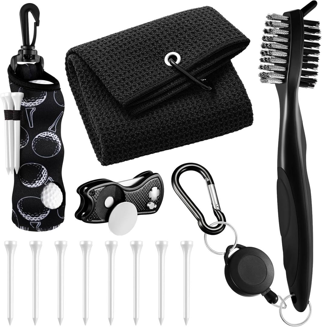 Liliful 12 Pcs Golf Accessories Kit, Include Golf Ball Bag with Hook Towel Tees Magnetic Ball Marker Divot Tool Cleaner Brush for Women Man Gifts (Black)