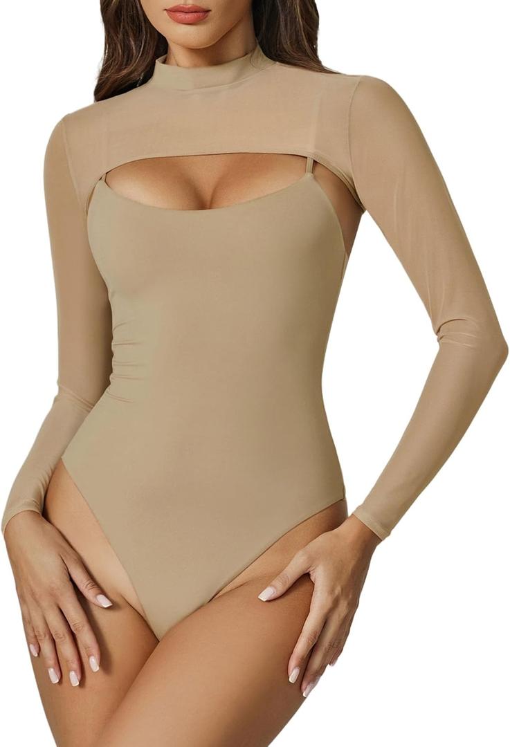 Avidlove Womens Long Sleeve Bodysuits Mock Turtle Neck Shapewear Bodysuit Sexy Mesh Bodysuit Two Piece Outfit Cami Tops (XX-Large, Khaki)