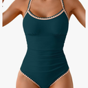 Eomenie Women's One Piece Swimsuit Tummy Control Slimming Bathing Suit Ruched Swimwear Tie Back Shell Stitch Swim Suit, Dark Blue, Large 