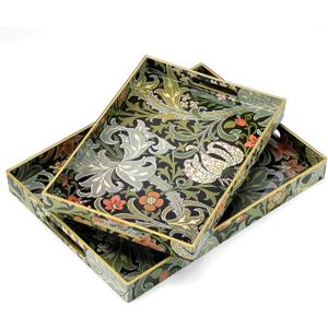 2 Pcs Serving Trays with Handles, Plastic Tray for Ottoman Coffee Table William Morris Decorative Large Rectangular Tray for Serving Living Room Home Tea Coffee Table Decor(Green,Gold Lily)