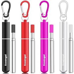 Ecoangel Cruise Ship Essentials,4-Pack reusable Collapsible Stainless Steel Drinking Straws with Aluminum Case,Cleaning Brush,and Keychains (Black&rose gold&silver&red)