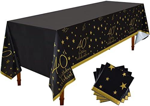 Gatherfun 40th Birthday Disposable Tablecloth Pack of 4 Gold and Black Waterproof Plastic Table Cover for Men Woman 40 Birthday Party Decorations