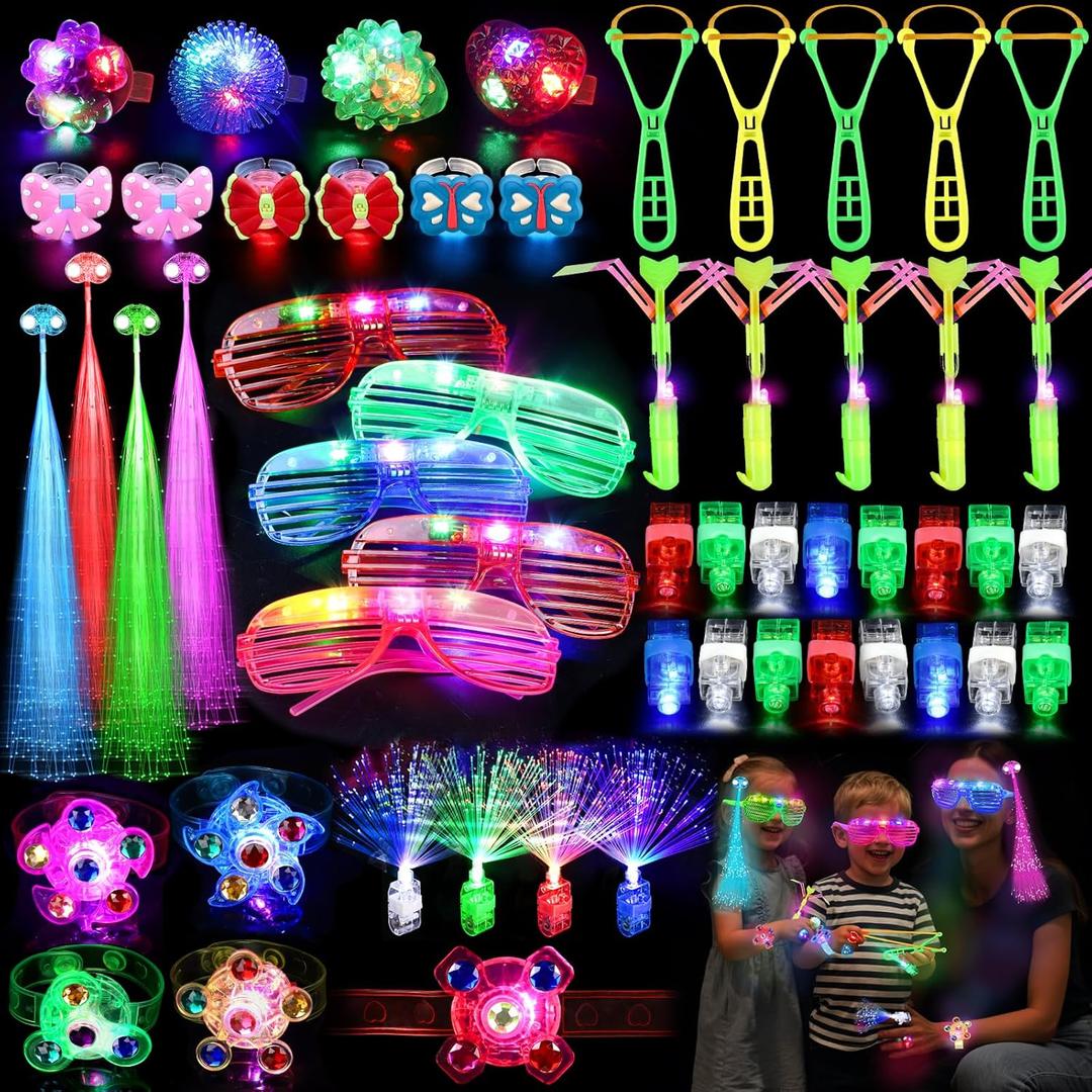 73PCS Glow in the Dark Party Supplies for Kids Adults, Light Up Party Favors with Glow Glasses, Spinner Bracelets, Slingshot, Bulk Glow Party Favors for Kids Halloween, Neon Party Supplies Accessories
