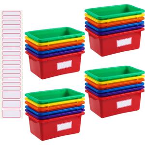 Outus 24 Pack Book Bins for Classroom Plastic Cubby Storage Bins Colored Kids Toy Organizer Container with 120 Pcs Self Adhesive Label for Student Teacher Library School Office Home(Rainbow Color)