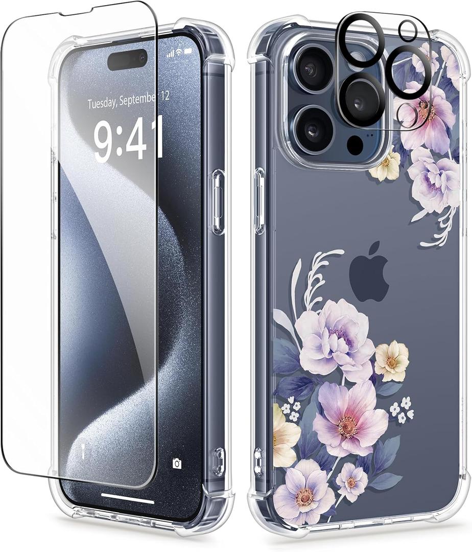 GVIEWIN for iPhone 15 Pro Case, [3 in 1] with Screen Protector & Camera Lens Protector, Clear Hard Shockproof Slim Fit Floral Phone Cover for Women Girls 2023 6.1" (Begonia Flowers/Blue)