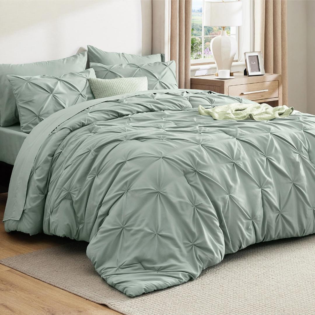 Bedsure Oversized Queen Comforter Set Sage Green - Bed in a Bag Bedding Set 7 Pieces, GentleSoft™ Pintuck Bed Set Gift for Family, Pinch Pleat All Season Comforter with Sheets, Pillowcases & Shams