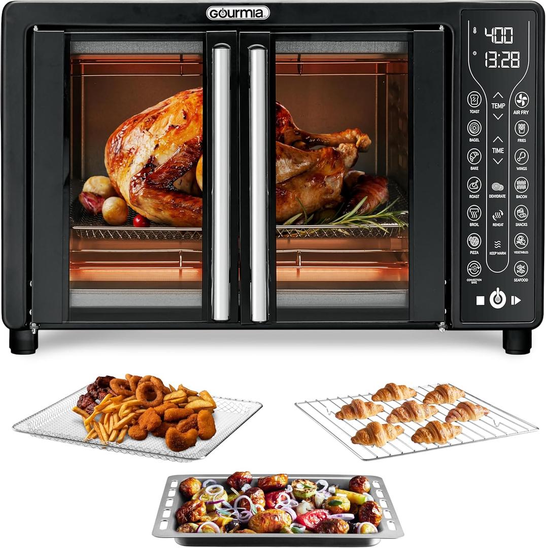 Gourmia Toaster Oven Air Fryer Combo 17 cooking presets 1700W french door digital air fryer oven 24L capacity accessories, convection rack, baking pan tray recipe book GTF7460, Large, Black