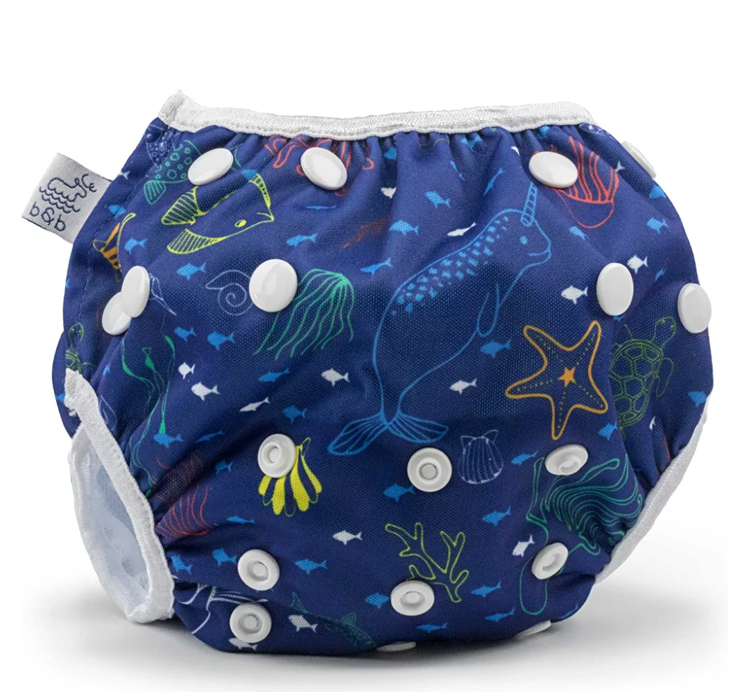 Reusable Baby Swim Diapers –Adjustable, Easy-Wash Nageuret Reusable Swim Diaper Kids Soft, Breathable, Waterproof Swim Wear for Baby & Newborn! (Sea Friends) 0-36Mq