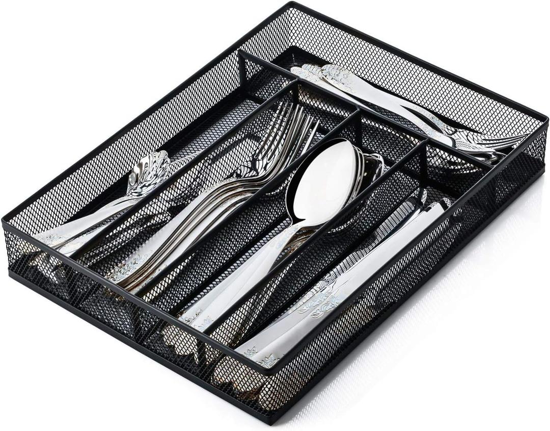 Silverware Organizer Metal Mesh, Small Drawer Organizer, Utensil Cutlery Tray for kitchen drawers, Flatware Organizer with 5 Compartment, Black (9.3" * 12.6")
