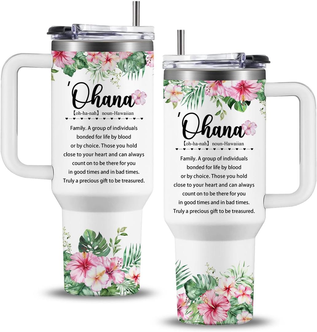 Hawaii Gifts Tumbler 40oz with Handle, Summer Hawaiian Gifts for Women, Hawaiian Tropic Ohana Coffee Cup, Christmas Birthday Appreciation Hawaii Gift for Aunt Sister Grandma Friends Colleagues
