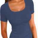 LOLONG Womens Short Sleeve Ribbed T Shirts Summer Casual Square Neck Lace Patchwork Tops