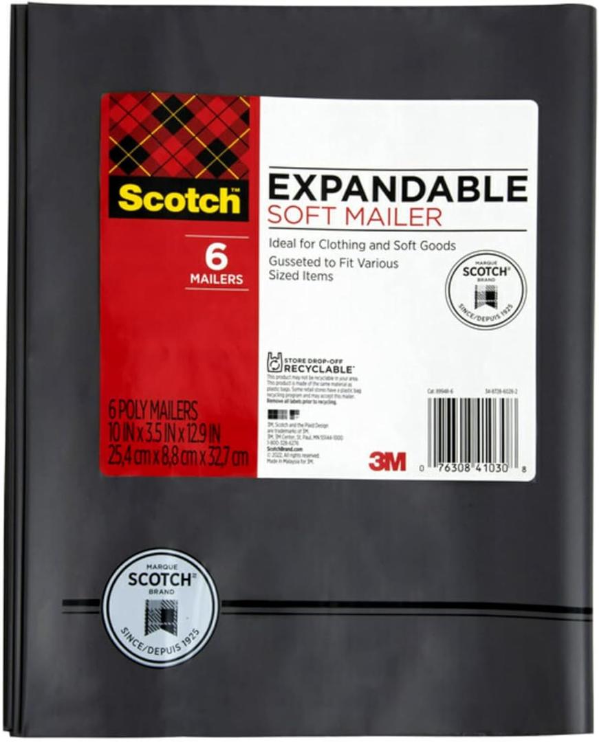 Scotch Expandable Soft Poly Mailer, Self-Seal, 10 in x 12.9 in with 3.75 in. Bottom Gusset 3 Bag of 6