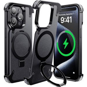 Frameless for iPhone 15 Plus Case,Compatible with Magsafe,Minimalist Shockproof Titanium Phone Shells,Magnetic Aluminum Leather Metal Case,Scratch Resistant Protective Case with Stand,Black