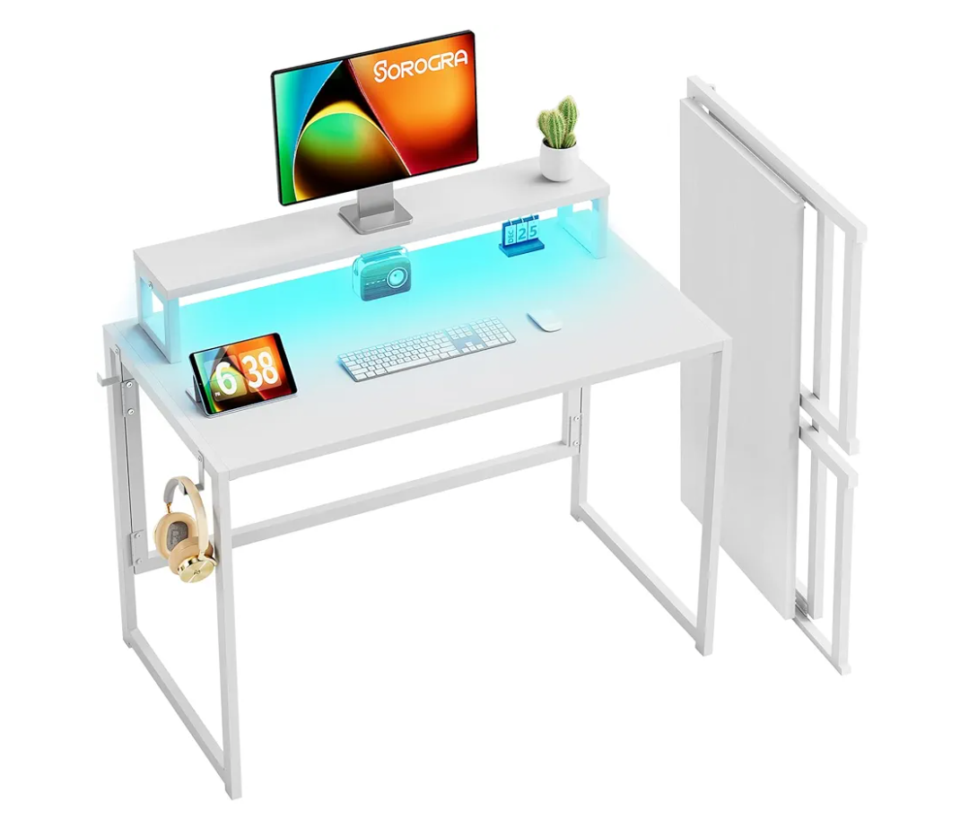 Small Folding Desk 39.4 Inch, Foldable Computer Desks with LED Lights and Monitor Stand, Work Portable Table for Bedroom Home Office, White