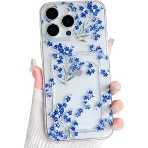 2 x NITITOP Compatible with iPhone 16 Pro Case with Card Holder Clear Cute Floral Flowers Branch for Women Girls Soft TPU Wallet Shockproof Protective Cover - Blue