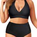 Yonique Womens Two Piece Plus Size Halter Bikini Swimsuits Tummy Control Bathing Suits High Waisted Swimwear (Black 01)