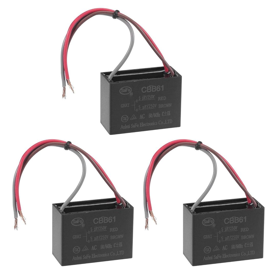 uxcell Ceiling Fan Capacitor CBB61 5/5uF 250V AC 3 Wires Metallized Polypropylene Film Capacitor 48x34x22mm for Electric Fan Pump Motor Generator 3Pcs