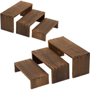 3-Tier Wood Display Riser 2 Set, Tiered Display Stand for Food, Kitchen, Desk & Party - Solid Pine Wooden Shelf & Organizer for Plants, Collectibles, Office (9.5/8.5/7.5 In) (Carbonized)