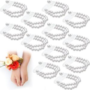Hicarer 12 Pcs Pearl Wrist Corsage Bracelet Elastic Wristlet Band Corsage DIY Stretch Accessory Wedding Bridesmaid Bride Prom(12 Pcs)
