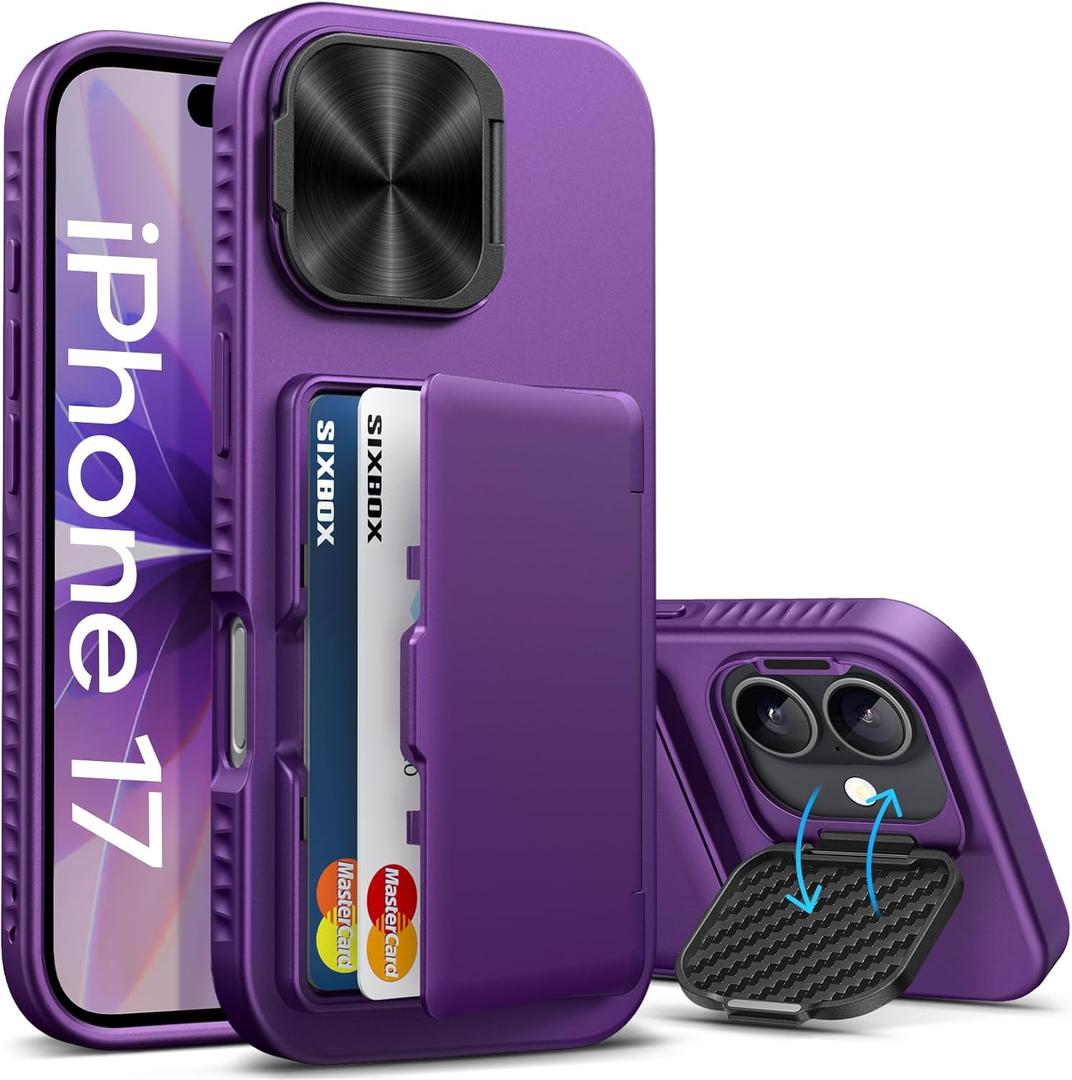 for iPhone 17 Case, Built-in Card Holder & Stand & Lens Cover, Military Grade Drop Tested Soft Silicone Edge Rugged Kickstand Protective Wallet Phone Case for iPhone 17 2025, Purple