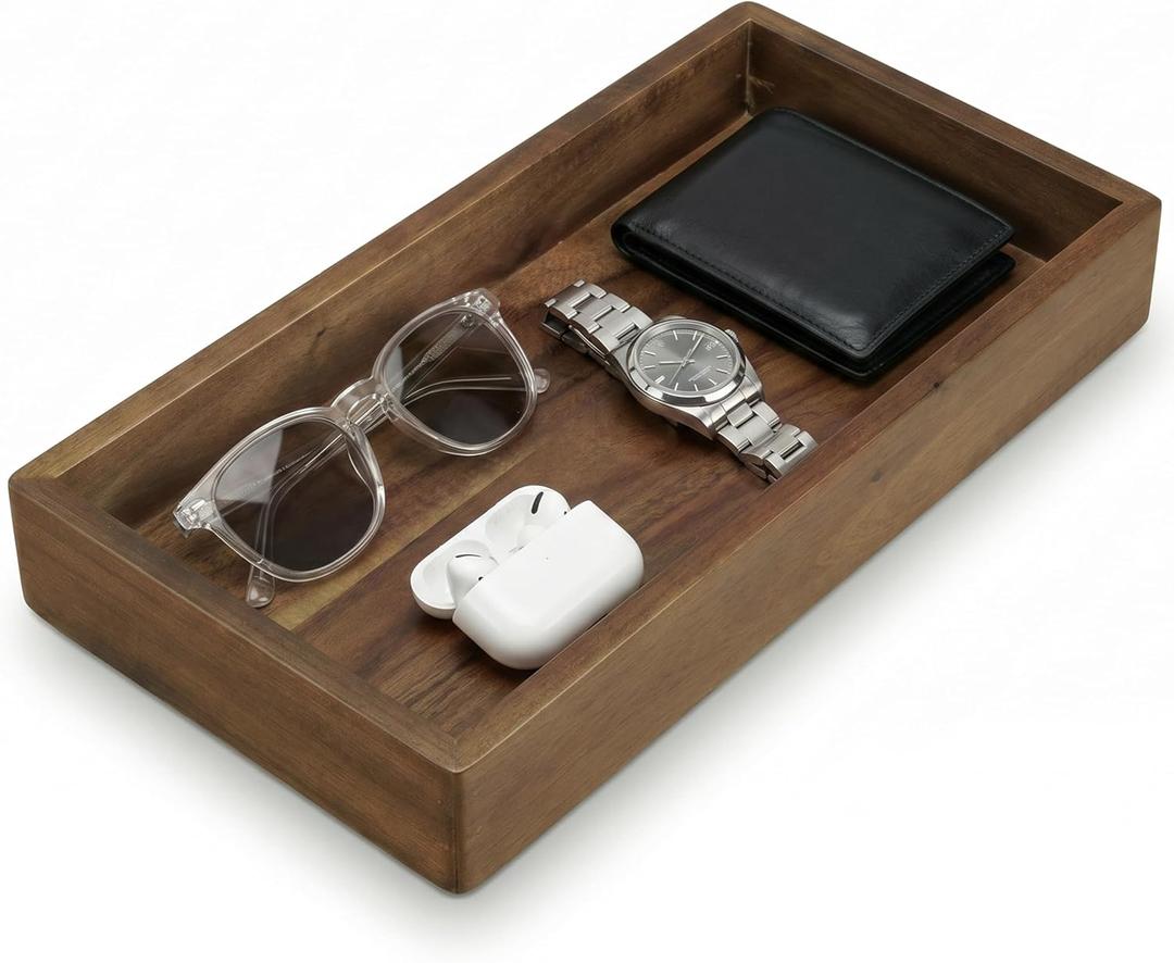 Demigo Acacia Wood Valet Tray & Catchall - Dark Color 12.2" x 6" Organizer for Nightstand, Entryway, Dresser - Holds Keys, Wallet, Phone, Jewelry (Dark Brown)