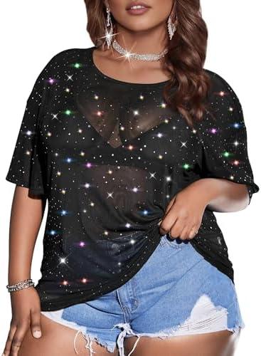 Buauty Plus Size Glitter Sheer Mesh Tops for Women Summer Black See Through T Shirt 2026 Sparkly Sexy Country Concert Outfits, Size 0XL