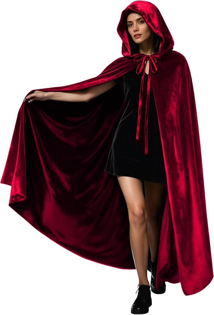 Velvet Hooded Cloak for Adults Full-Length Medieval Cape with Oversized Hood for Halloween Cosplay Gothic Wizard (Medium, Red)