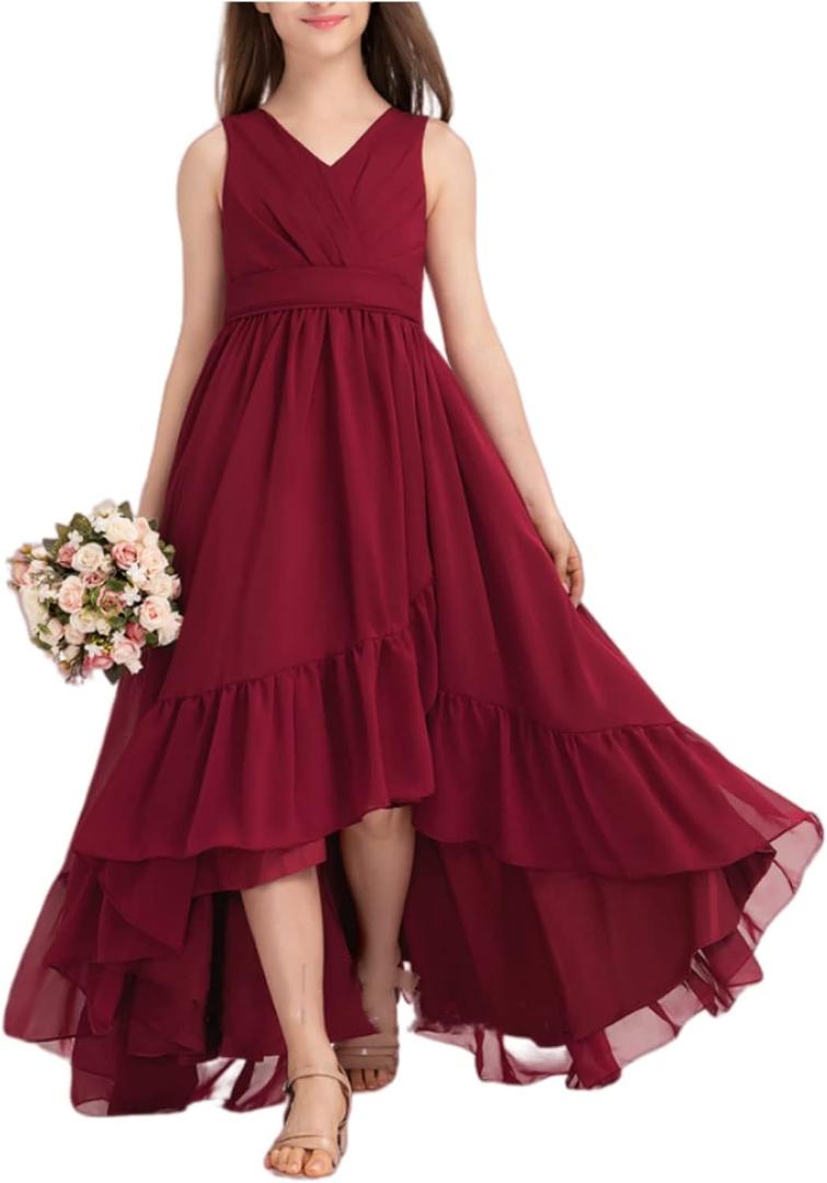Junior Bridesmaid Dress Long Wedding Flower Girl Dress for Teen Party Pageant Gowns Chiffon (Red, 16)