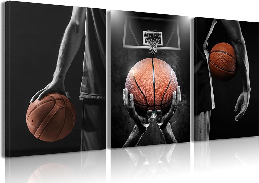 Basketball Posters Canvas Wall Art Set of 3 - Black and White Sports Decor for Mens Teen Boys Room Bedroom Dormitory Office Wall Decor (12x16 Inches) Wrapped Canvas