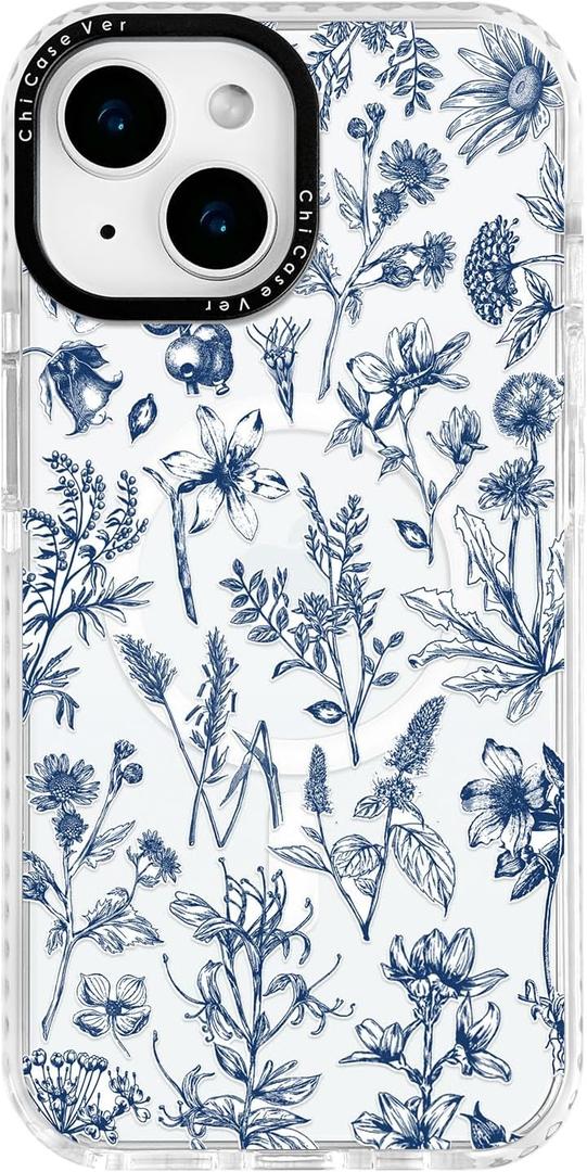 for iPhone 15 Case Compatible with MagSafe Blue White Floral