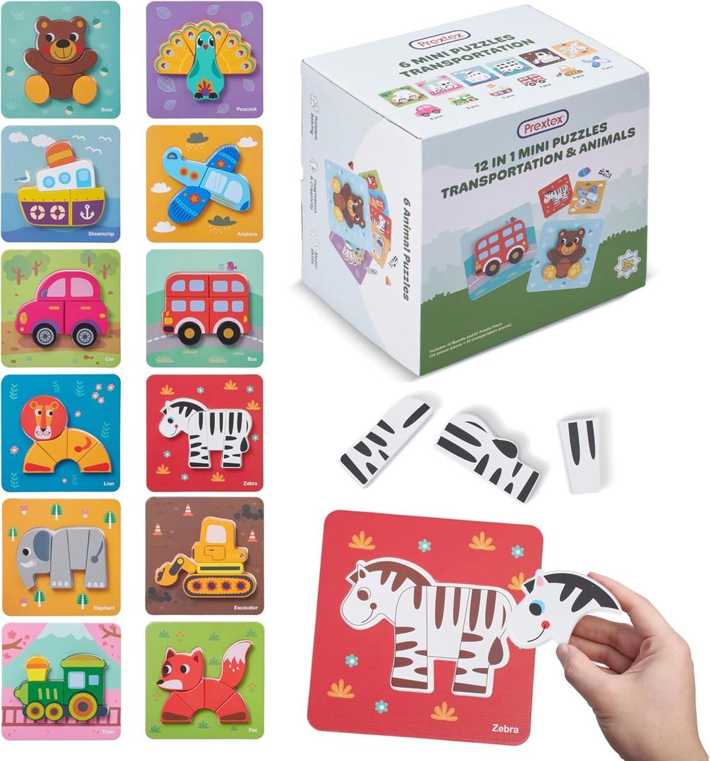 PREXTEX 12 Piece Puzzle Set - Toddler Puzzles with 6 Animal and 6 Transportation Themes - Montessori Kids Puzzles with Pictures Underneath - Wooden Pieces for Hand-Eye Coordination, Fine Motor Skills