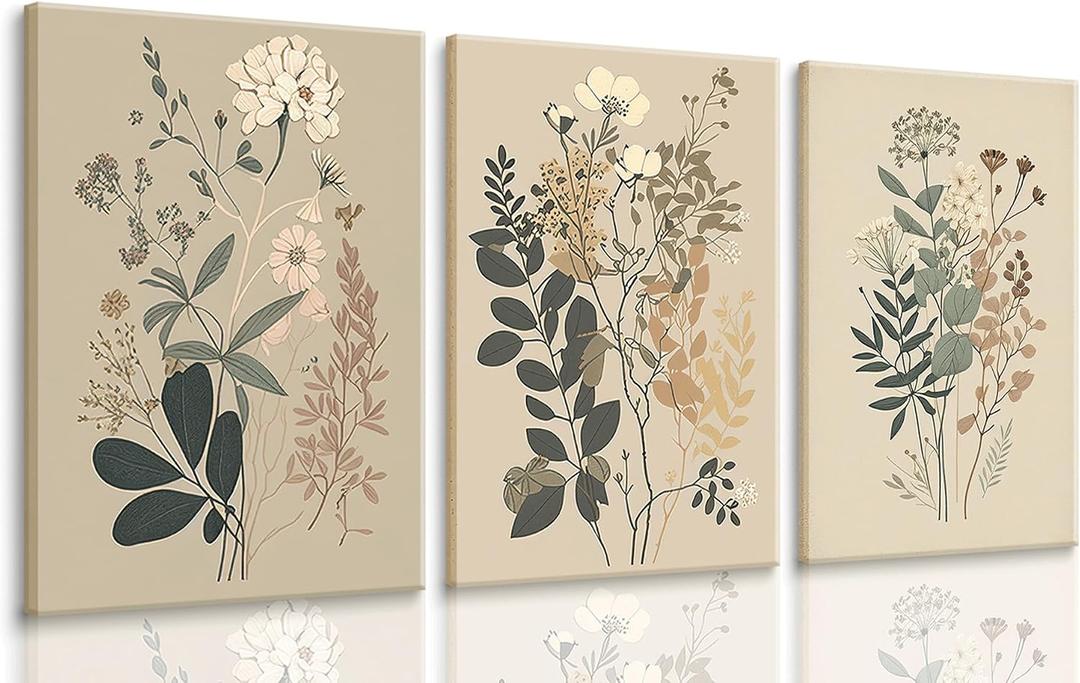 3 Pcs Vintage Botanical Wall Art Nature Floral Plants Wall Decor Daisies Dandelion Wildflower Posters Pictures Watercolor Rustic Farmhouse Canvas Prints Boho Neutral Paintings For Living Room Framed