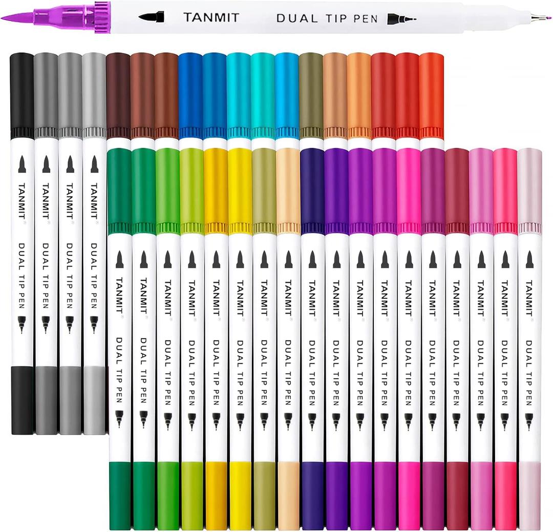36 Dual-Tip Brush Pens for Adult Coloring Books Tanmit Art Markers With Brush + Fine Precision Tips for Calligraphy, Planners, Journaling, Note Taking & More