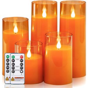 Homemory Halloween Orange Flameless Candles, Battery Operated LED Candles with Remote and Timer, Candles for Halloween Decoration, Fall, Harvest Festival, Set of 5