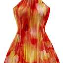 Floerns Women's Flower Print Halter Dress Sleeveless Pleated Boho Mini Dresses (Large, Orange Multi)