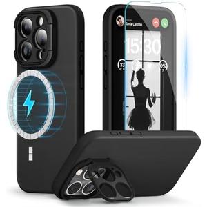 pcgaga Designed for iPhone 15 Pro Max Case with Camera Stand, Compatible with MagSafe and Screen Protector, Phone Strap Liquid Silicone Shockproof Full Body Protection with Microfiber Lining (Black)