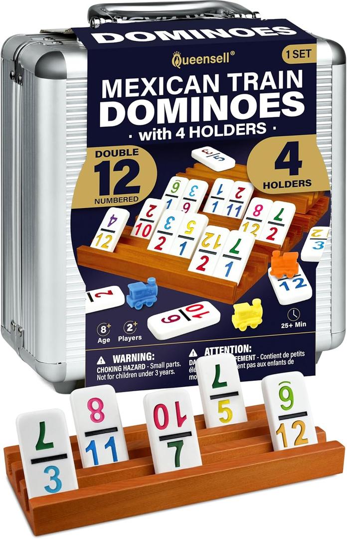 Queensell Mexican Train Dominoes Set with Numbers and 4 Holders - Wooden Hub and Domino Holders - Double 12 with Numbers (D12 Numbers + 4 Holders)