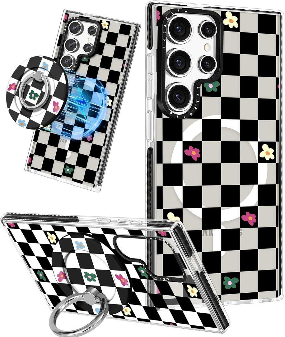 Cute Case for Samsung Galaxy S25 Ultra for Women Girls - Funny Plaid Flower Design Compatible with Magsafe Magnetic Ring Holder Kickstand Fashion TPU Phone Covers