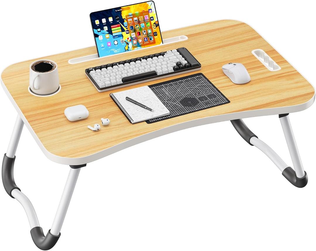 Folding Lap Desk, 23.6 Inch Wood Laptop Bed Desk with Cup Holder, Portable Bed Table for Working Writing Reading, Eating for Bed, Floor, Sofa, Couch - Yellow