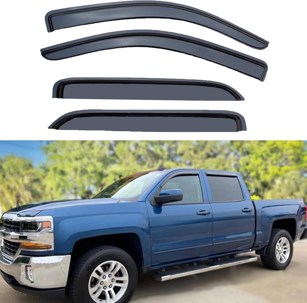 Tape On Rain Guards Window Visors for 2014-2018 Chevrolet(Chevy) Silverado & GMC Sierra 1500, 2015-2019 2500HD 3500HD Crew Cab,4pcs Smoke Side Vent Visor Window Deflectors Vent Guard Shade Sun