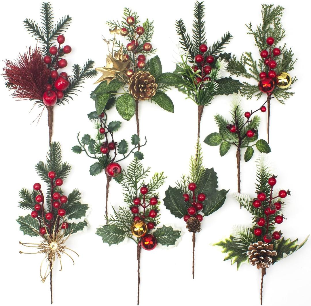10 Pcs Artificial Pine Picks Christmas Pine Picks Pine Needles Branches with Red Berry Pinecones Berry Branches Fake Berries for Flower Arrangements Wreaths Holiday Xmas Tree Decoration