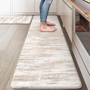 KIMODE Kitchen Mats Cushioned Anti Fatigue, Abstract Farmhouse Kitchen Rugs Sets of 2, Non Slip Kitchen Mats for Floor, Padded Kitchen Floor Mat for Sink Laundry Office Light Brown Multi (17.3" x 59"+17.3" x 29"--0.47 inches)