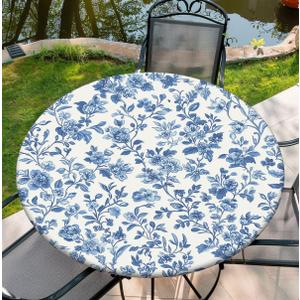 Round Tablecloth with Elastic Edge, 36-60Inch Waterproof Table Cloth for Dinner, Outdoor, Picnic, 44inch, Blue and White Flower
